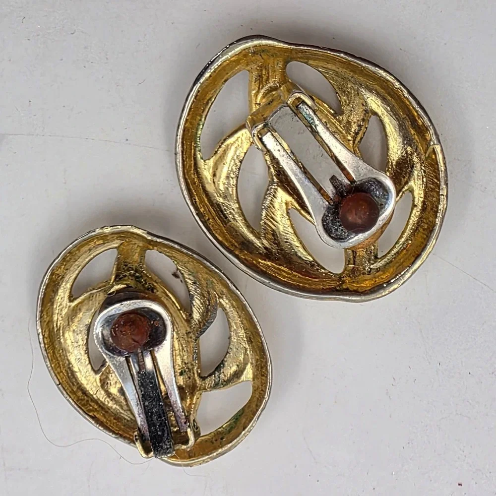 Vintage Gold Tone Abstract Openwork Oval Clip On Earrings Statement Jewelry